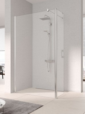 KERMI PEGA WALK-IN WALL DOUCHEWAND VRIJSTAAND MET DRAAIBARE VLEUGEL 103 cm H 200 cm LINKS ZILVER HOOGGLANS HELDER GLAS EN KERMICLEAN PETFL10320VPK