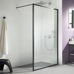 KERMI WALK IN DARK EDITION DOUCHEWAND MET MUURSTEUN 120 cm H 200 cm PROFIEL SOFT ZWART HELDER GLAS 8 mm XDWW4120203PK