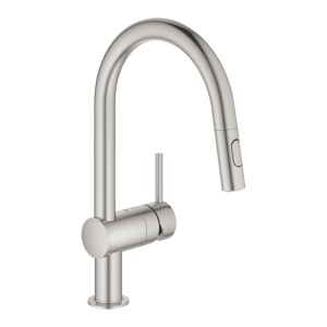 GROHE MINTA KEUKEN EENGREEPSMENGKRAAN MET C-UITLOOP MET UITTREKBARE COMFORT SPROEIKOP MET 2 STRALEN SUPERSTEEL 32321 DC2