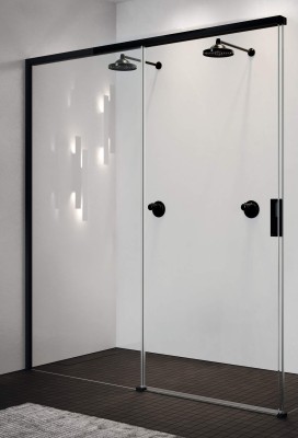 NOVELLINI OPERA SCHUIFDEUR MET VAST SEGMENT LINKS 137 - 139 cm H 200 cm MAT ZWARTE PROFIELEN HELDER GLAS OPEPH137-S-1H