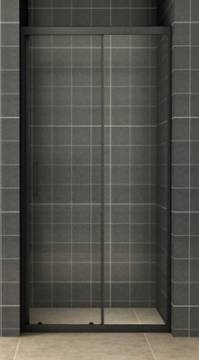 SANIBEAU NKD SCHUIFDEUR VOOR NIS 140 cm H 200 cm MAT ZWARTE PROFIELEN HELDER VEILIGHEIDSGLAS 8 mm MET ANTI-KALK COATING