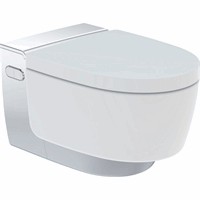 GEBERIT AQUACLEAN MERA COMFORT DOUCHE WANDTOILET MET GEURAFZUIGING, MET WARMELUCHT DROGING, LADYDOUCHE EN MET ZITTING MET VERWARMING EN MET SOFTCLOSING WIT MET DESIGNAFWERKING CHROOM INCL. VERLICHTING 146.210.21.1