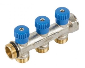 BEGETUBE WARMGEPERSTE MESSING COLLECTOR 3/4" VERNIKKELD 3 AANSLUITINGEN M24 MET INGEBOUWDE KRANEN MET BLAUWE GREEP 225.071.203