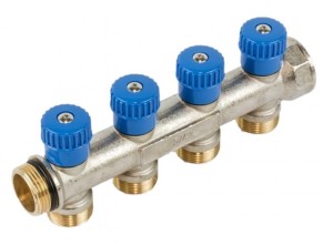 BEGETUBE WARMGEPERSTE MESSING COLLECTOR 3/4" VERNIKKELD 4 AANSLUITINGEN M24 MET INGEBOUWDE KRANEN MET BLAUWE GREEP 225.071.204