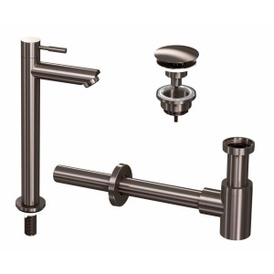 SANIBEAU SET MET TOILETKRAAN STAAND HOOG MODEL EN DESIGN OPEN CREPINE EN WASTAFELSIFON METAL BLACK 9902414