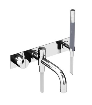 VOLA MONOKNOP AFBOUWDEEL VOOR BAD/DOUCHE EENGREEPSMENGKRAAN WANDMODEL MET OMSTELLER EN HANDDOUCHEGARNITUUR 20 cm DIA 24 mm STANDAARD KNOP 25 mm CHROOM 2143DT8AP-16