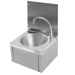 KWC ANIMA HANDWASBAK MUURMODEL MET RUGPLAAT 30.5 x 26.8 cm INOX MET KRAAN MET KNIEBEDIENING EN UITLOOPBEK 2000101028 / ANMX216