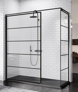 NOVELLINI KUADRA INLOOPDOUCHE 97-100 cm H 200 cm ZWARTE PROFIELEN HELDER GLAS MET STRIPES MOTIEF KUADH100-82H