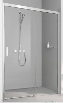 KERMI PEGA SCHUIFDEUR 2-DELIG ZONDER BODEMPROFIEL MET VAST SEGMENT LINKS 167-170 cm H 200 cm ZILVER HOOGGLANS HELDER GLAS MET DECOR STRIPE 3 EN KERMICLEAN PED2L17020VDK